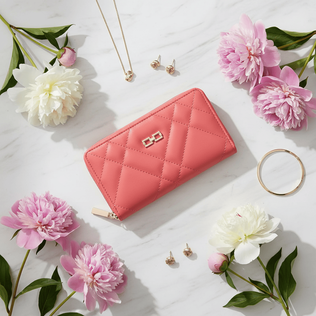 Portefeuille corail avec pivoines