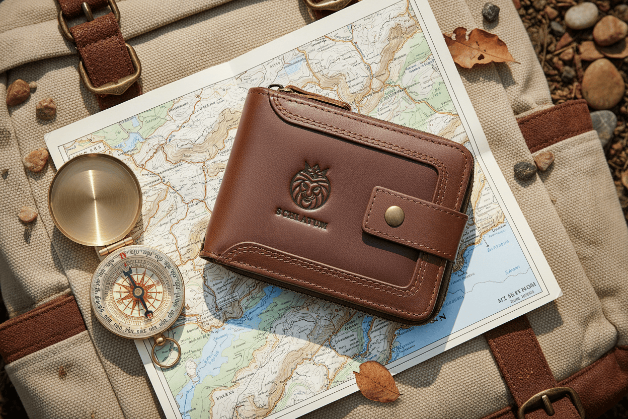 Portefeuille marron à plat sur sac