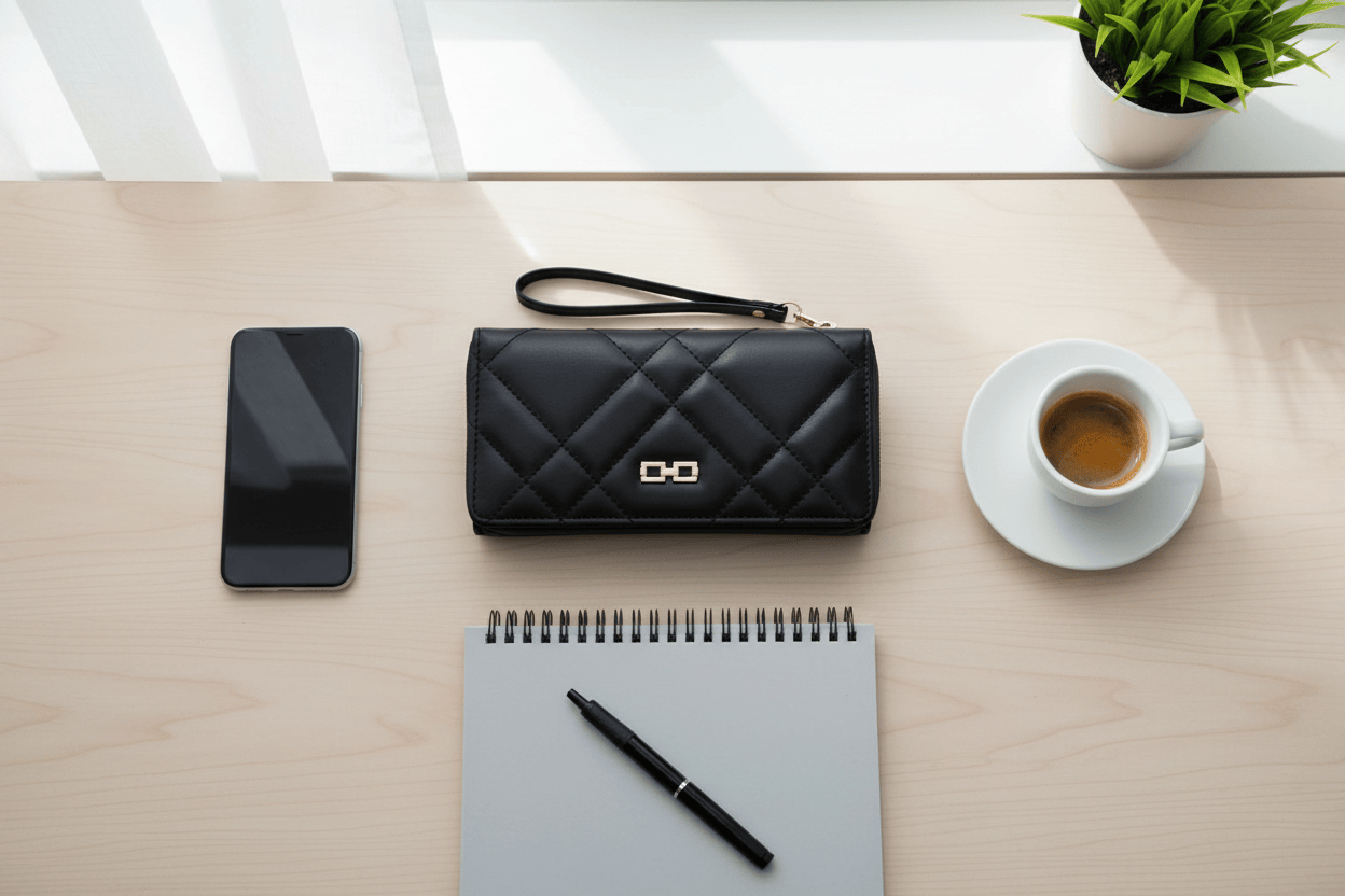 Portefeuille noir sur bureau