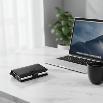 Portefeuille sur bureau minimaliste