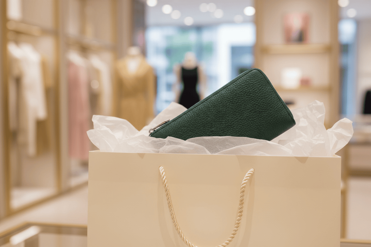 Portefeuille vert avec sac shopping
