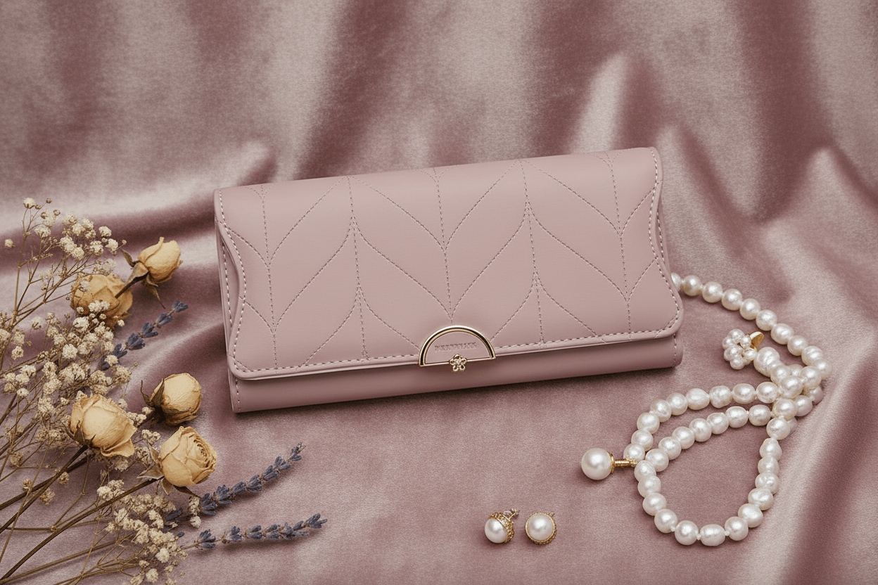 Portefeuille vieux rose avec accessoires