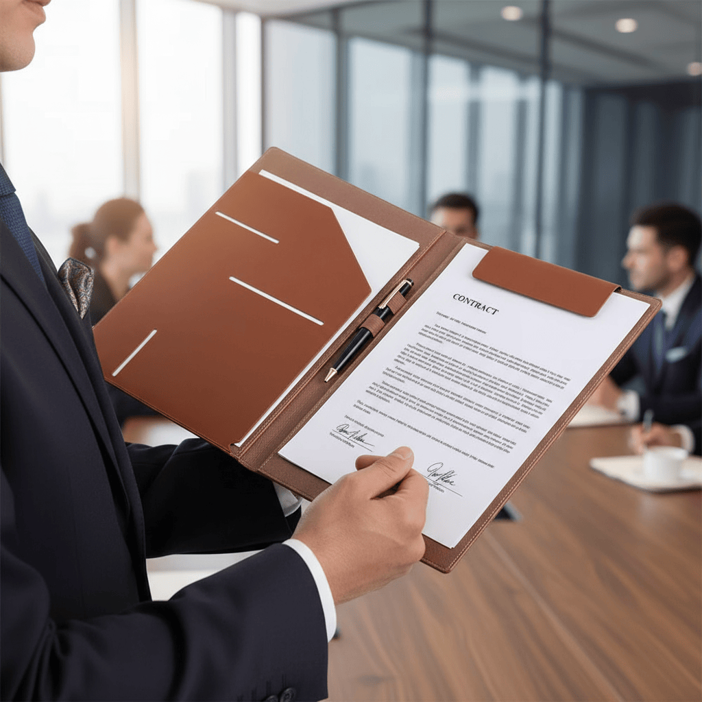 Portfolio cuir cognac tenu en main