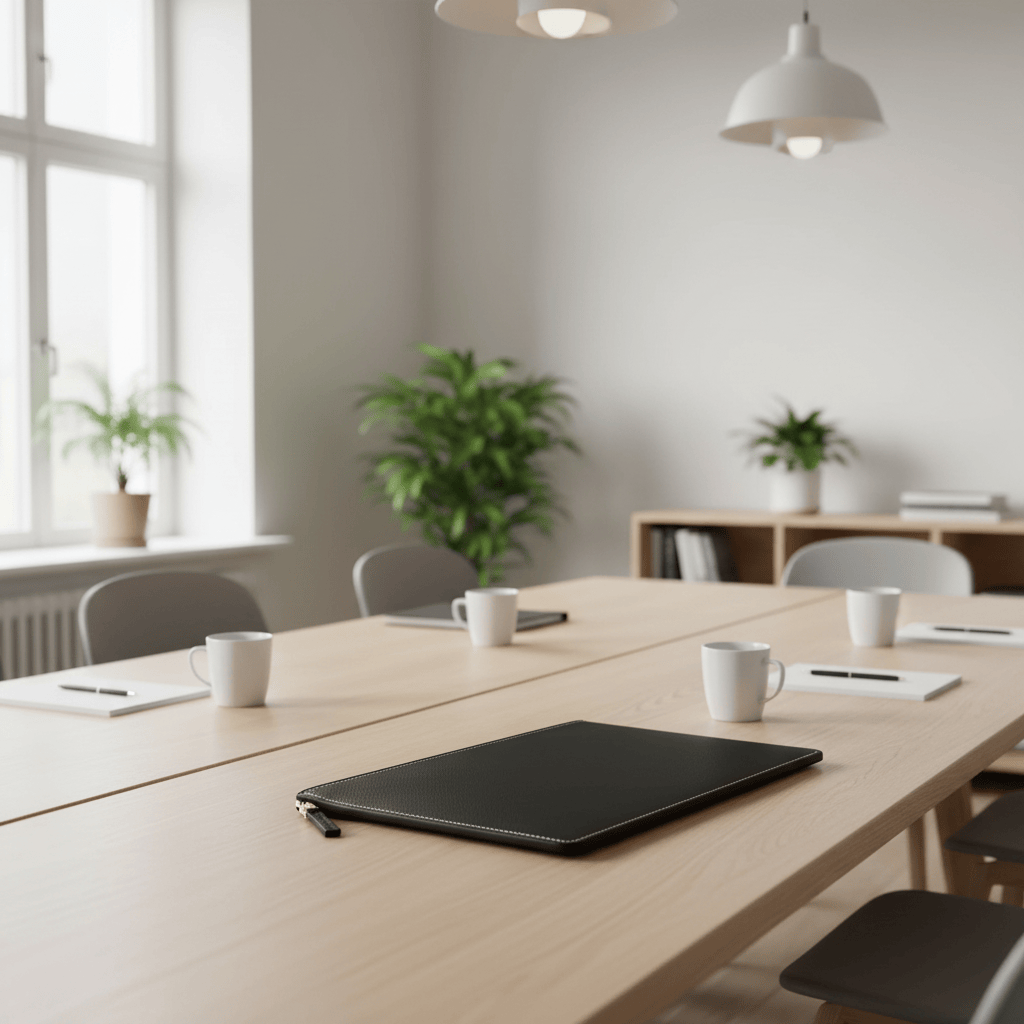 Portfolio cuir noir sur table de conférence