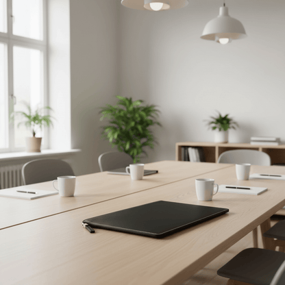 Portfolio cuir noir sur table de conférence