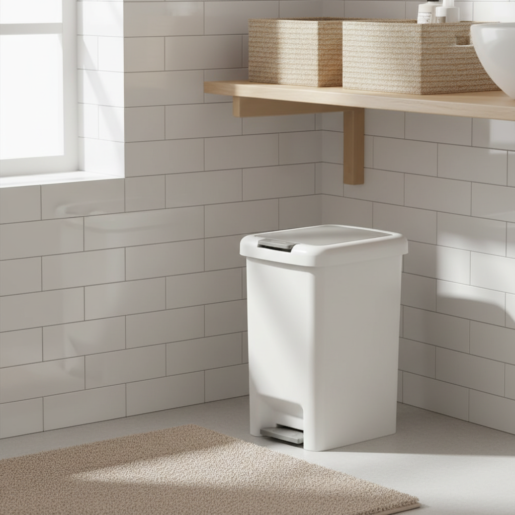 Poubelle dans un coin de salle de bain