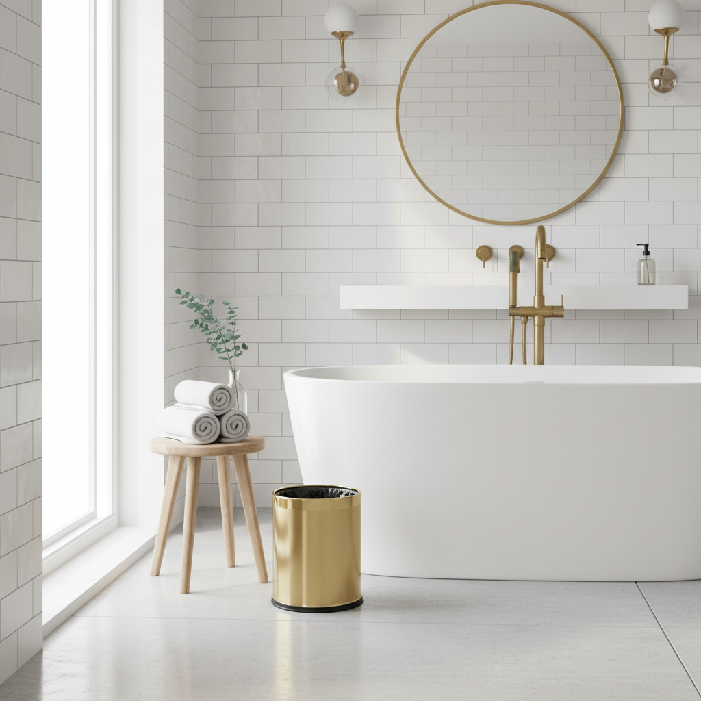 Poubelle dorée près de baignoire îlot