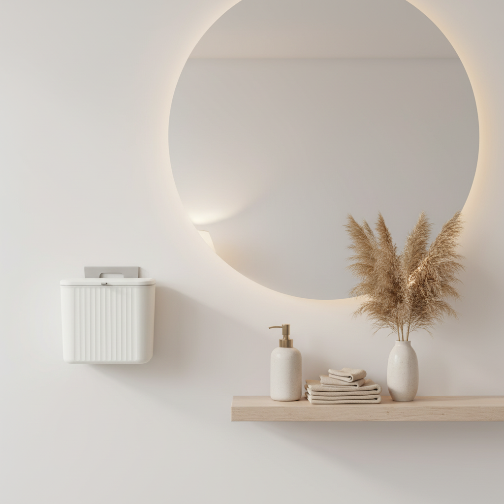 Poubelle murale dans toilettes minimalistes