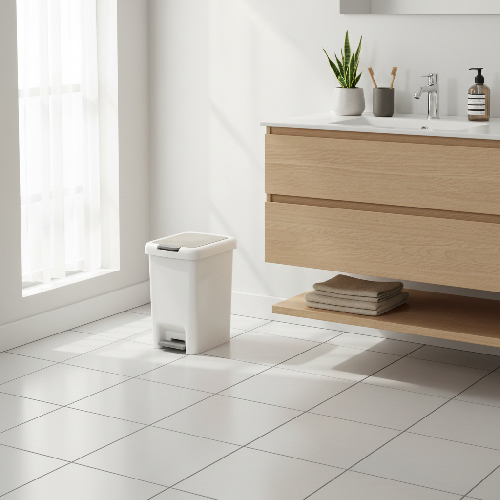 Poubelle salle de bain près d'une vanité