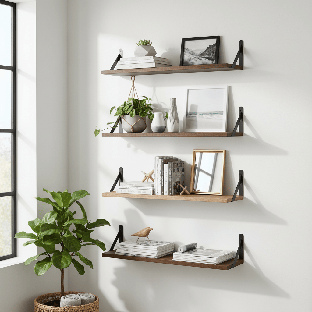 Quatre étagères alternant marron clair et foncé