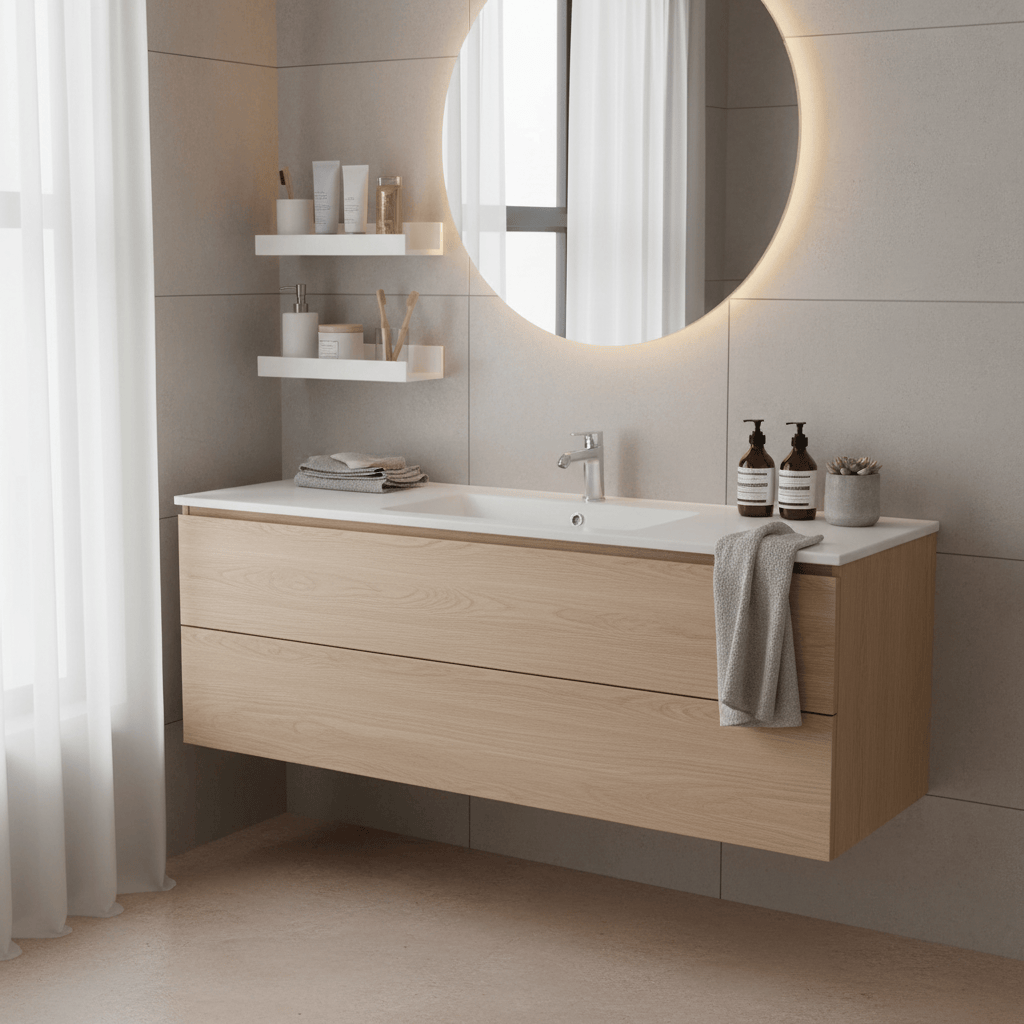 Rangement mural blanc près du lavabo