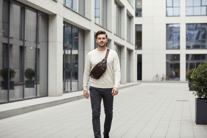 Sac banane marron porté à la taille en ville
