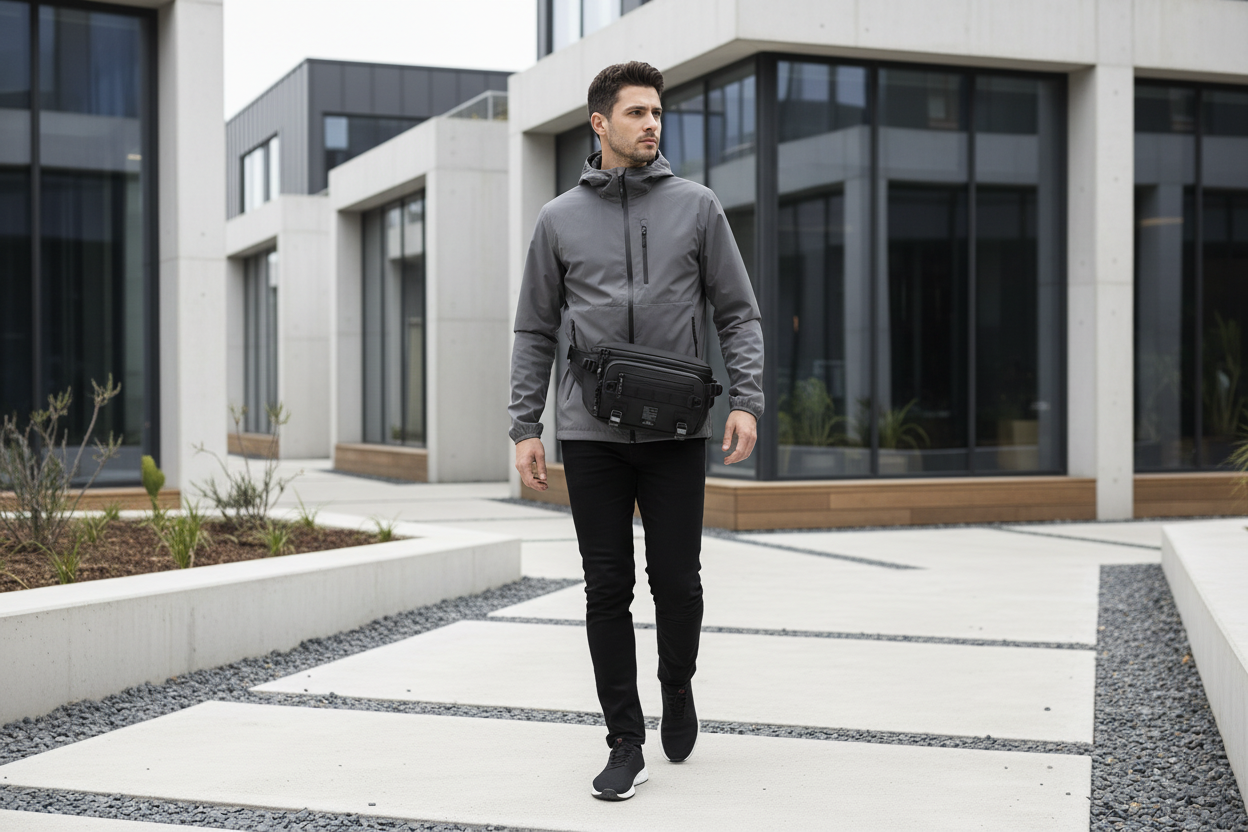 Sac banane tactique noir porté à la taille