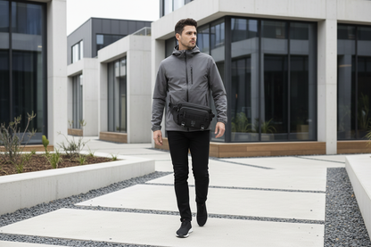 Sac banane tactique noir porté à la taille