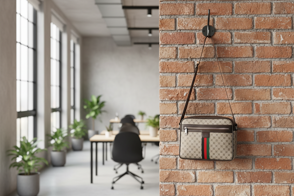 Sac beige sur crochet mural