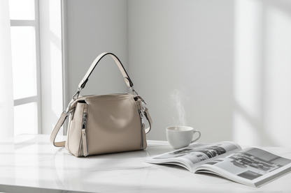 Sac beige sur marbre avec café