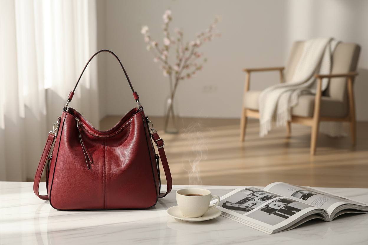Sac bordeaux sur marbre avec café