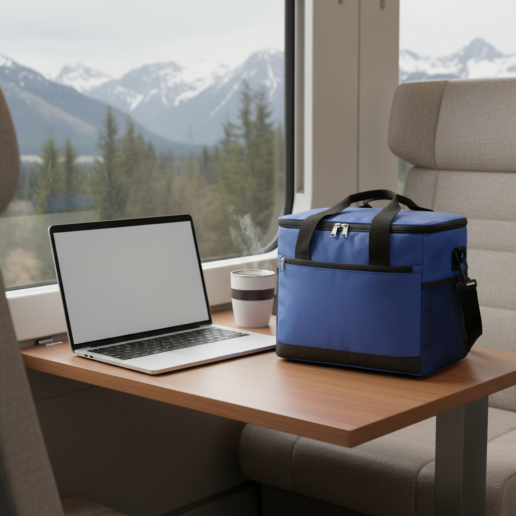 Sac isotherme bleu dans le train