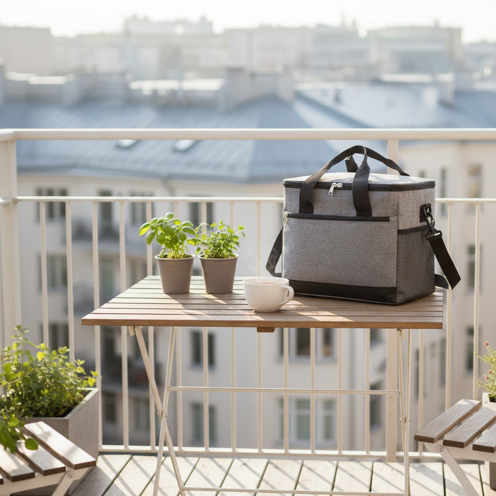 Sac isotherme gris sur balcon