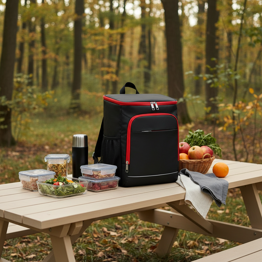Sac isotherme noir et rouge sur table en bois en forêt