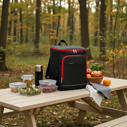 Sac isotherme noir et rouge sur table en bois en forêt