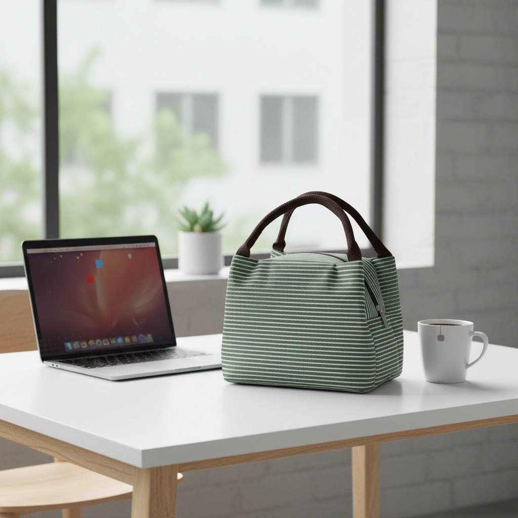 Sac isotherme rayé dans un espace de travail