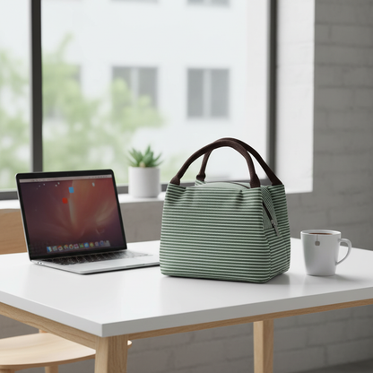 Sac isotherme rayé dans un espace de travail