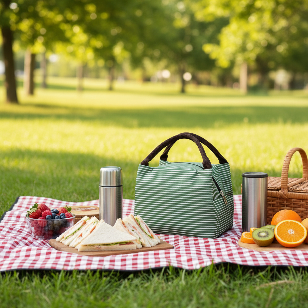Sac isotherme rayé lors d'un pique-nique