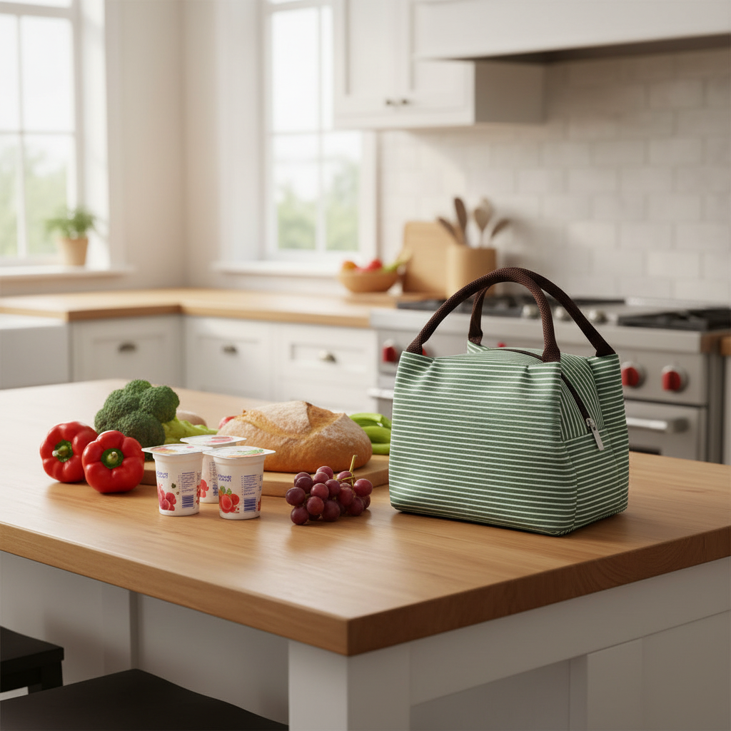 Sac isotherme rayé parmi les courses fraîches