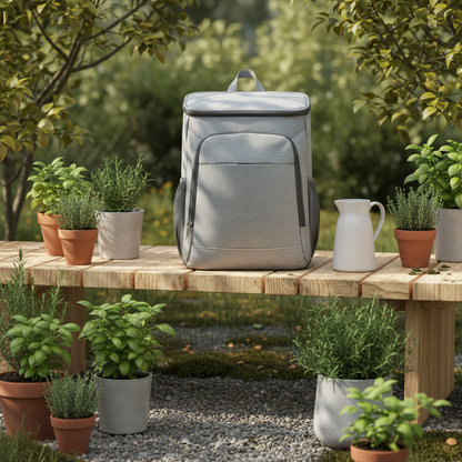 Sac isotherme sur banc en bois au jardin