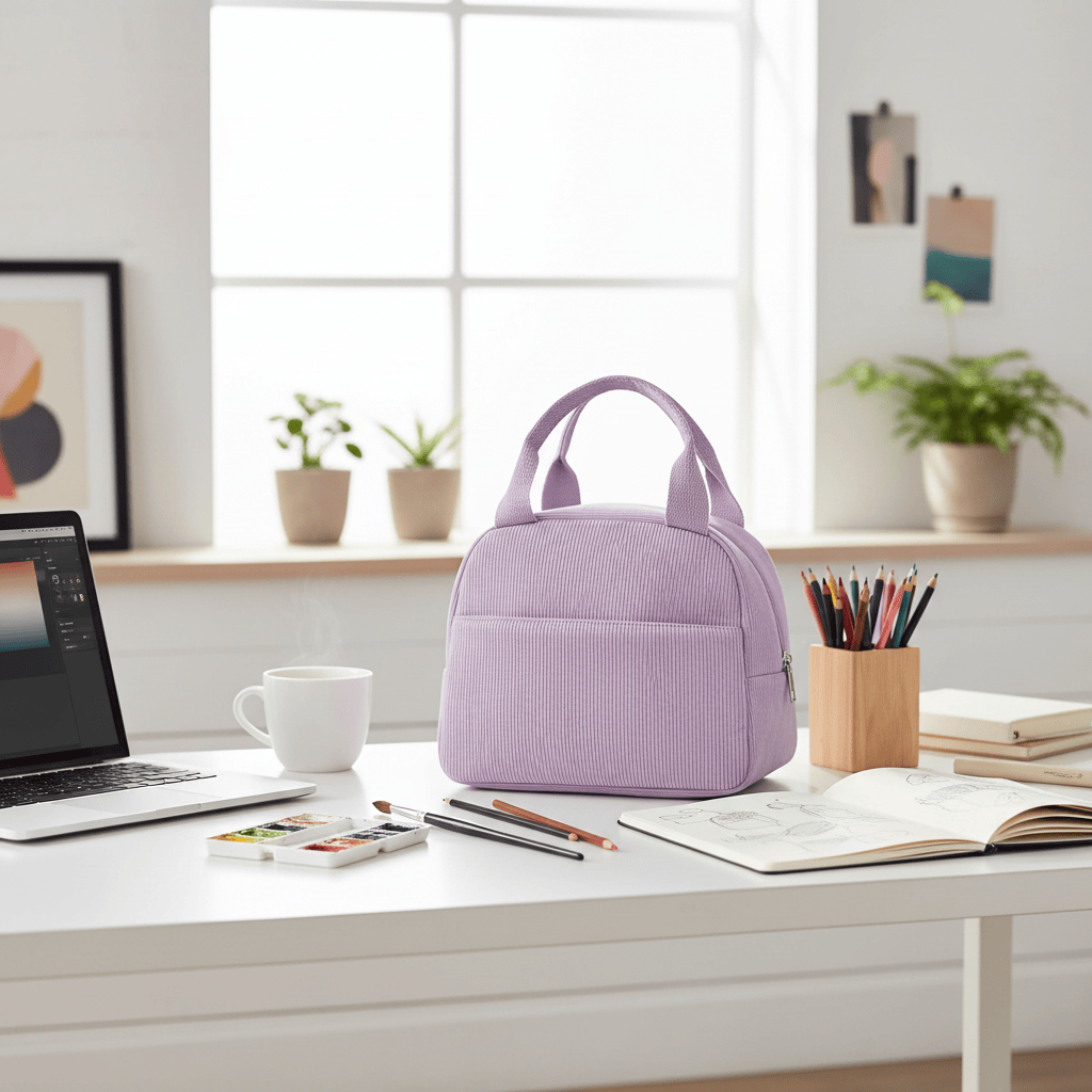 Sac isotherme violet en studio créatif