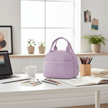 Sac isotherme violet en studio créatif