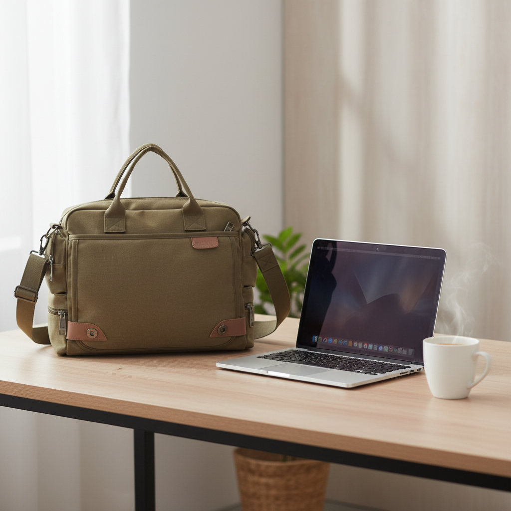 Sac kaki sur bureau avec laptop