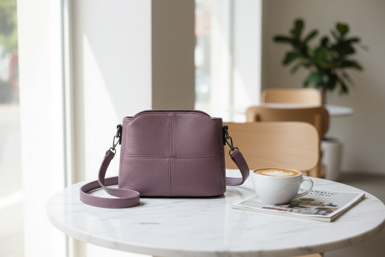 Sac mauve sur table de café