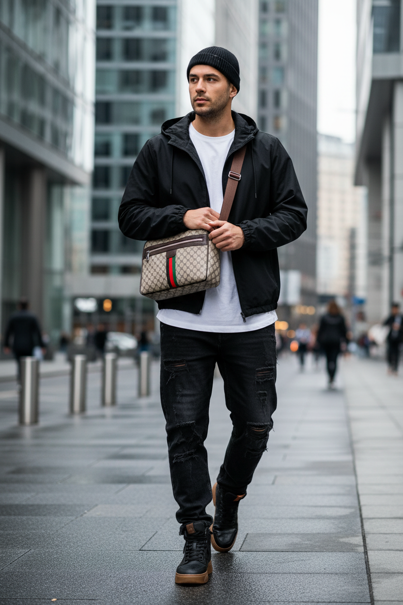 Sac noir porté en ville