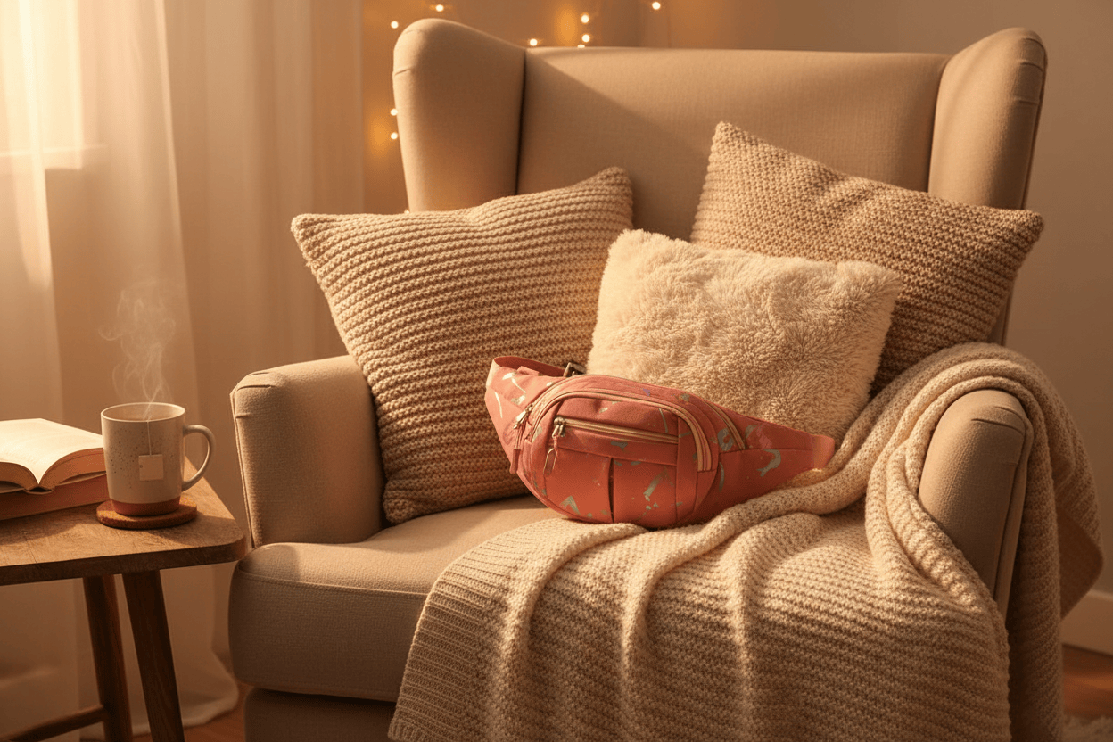 Sac rose dans coin lecture cosy