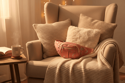Sac rose dans coin lecture cosy