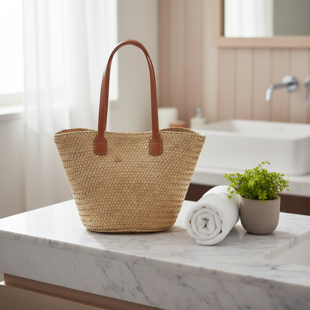 Sac sur comptoir de salle de bain