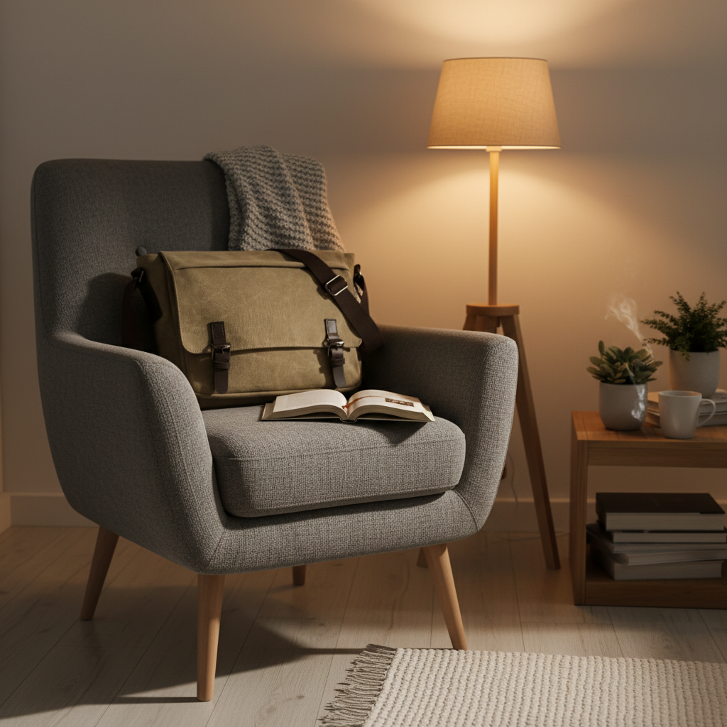 Sac sur fauteuil avec livre