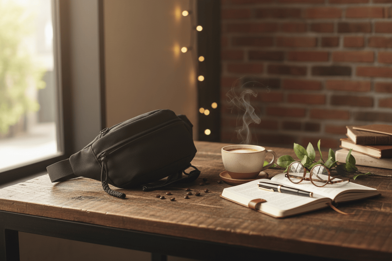 Sac sur table rustique avec café
