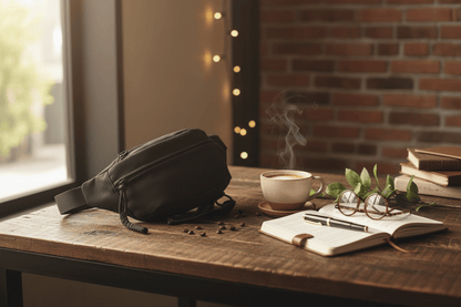 Sac sur table rustique avec café