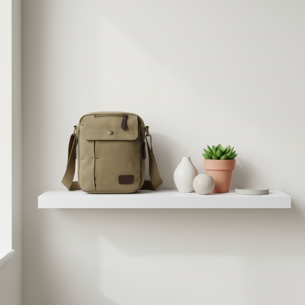 Sac sur étagère blanche