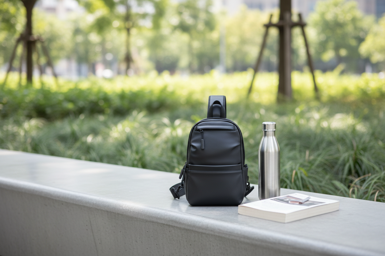 Sac sur un banc avec gourde et livre