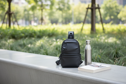 Sac sur un banc avec gourde et livre