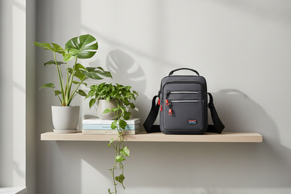 Sac sur une étagère avec plantes et livres