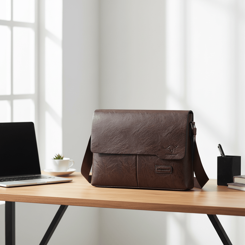 Sacoche marron foncé sur bureau