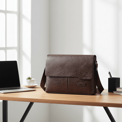 Sacoche marron foncé sur bureau