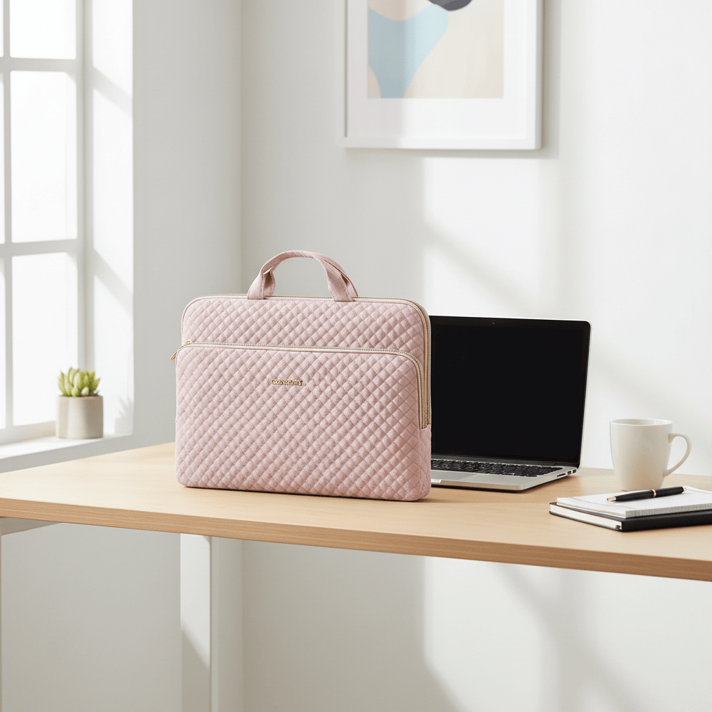 Sacoche matelassée rose à plat sur bureau