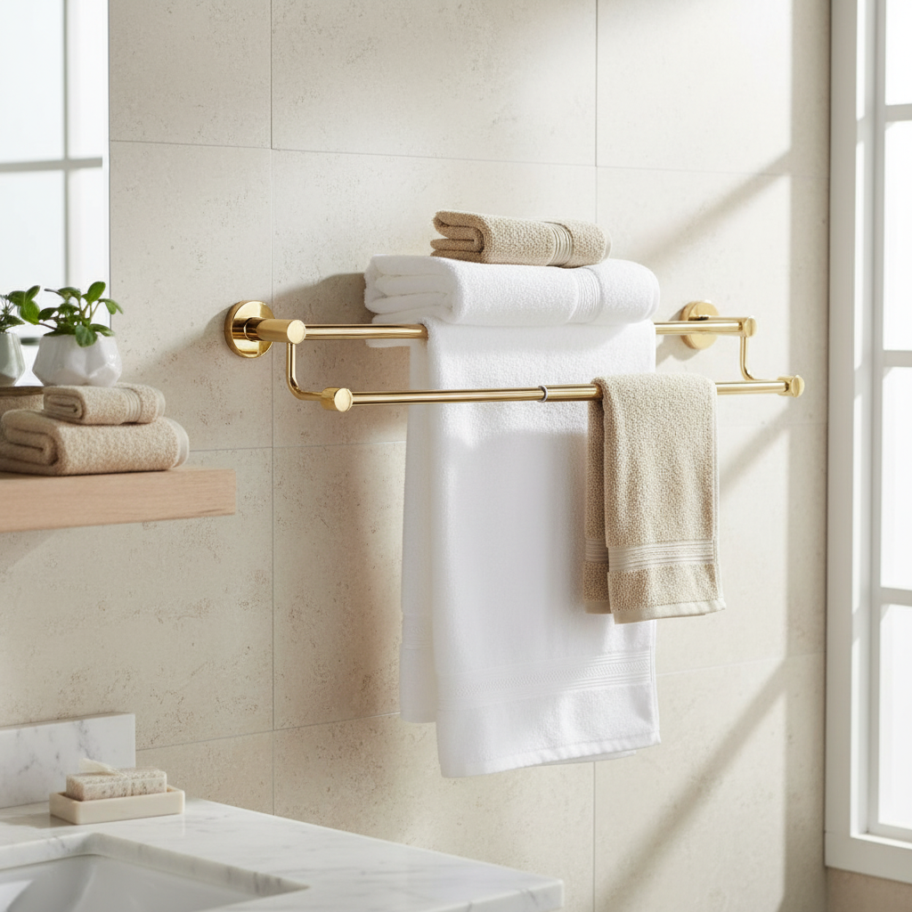 Salle de bain lumineuse avec finition dorée