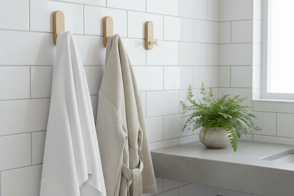 Salle de bain minimaliste avec crochets muraux